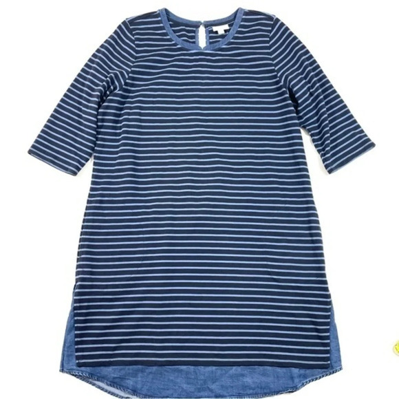 J Jill Denim Trim Shift Dress Blue Stripes Size Large 3/4 Sleeve - Picture 1 of 7